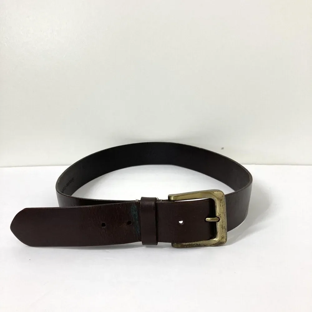 Timberland Leather Belt Mens 32 Brown Antique Brass Buckle Tree Logo Casual - Picture 1 of 14